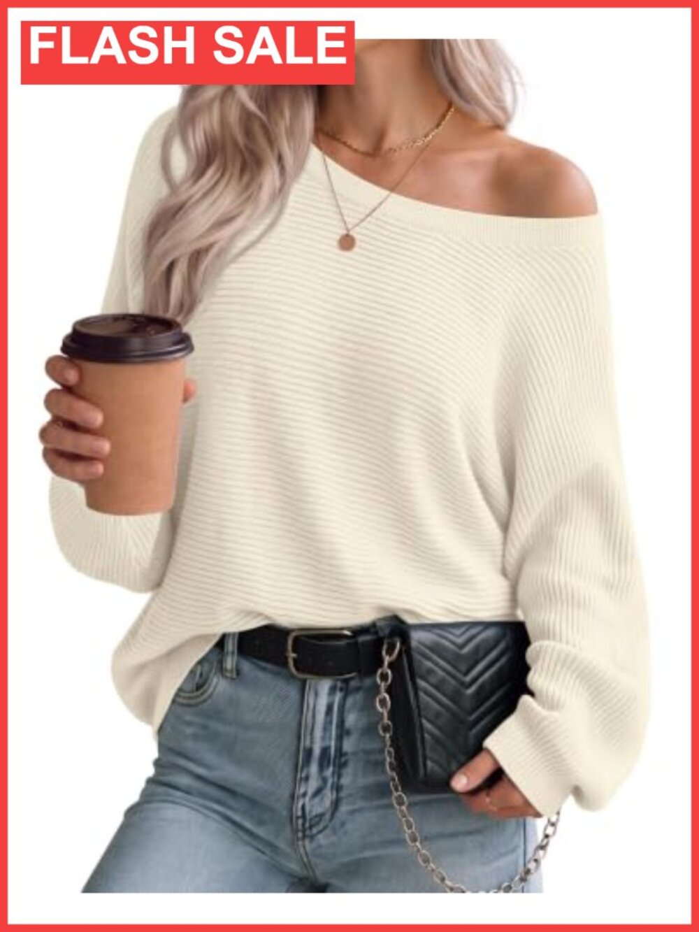 Womens Off the Shoulder Ribbed Knit Sweater Batwing Sleeve Pullover